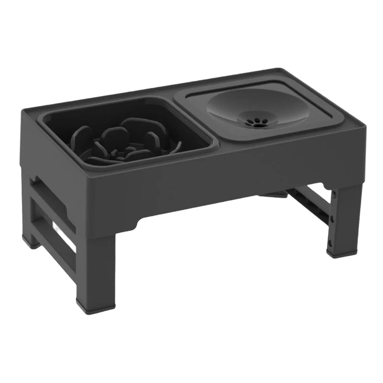 Black elevated double dog bowl feeder on a white background