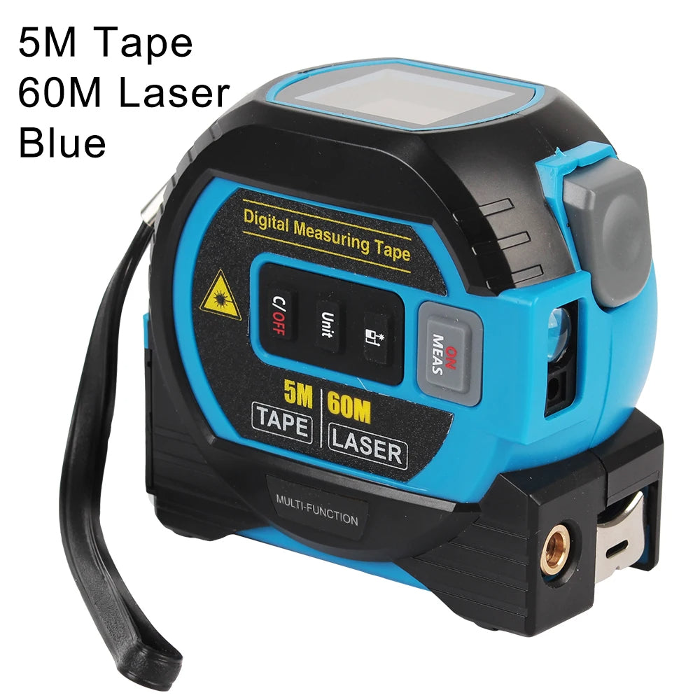 Digital measuring tape in blue with laser feature on a white background