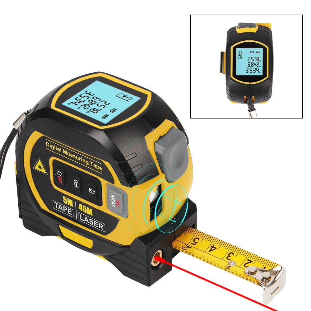 Digital measuring tape with laser feature on a white background