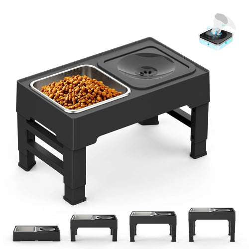 Pet feeding station with elevated bowls on a white background