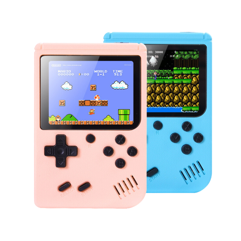 Two handheld gaming consoles, one pink and one blue, displaying classic games on their screens.