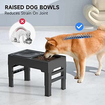 Raised dog bowl reducing strain on a joint with a dog eating from it.