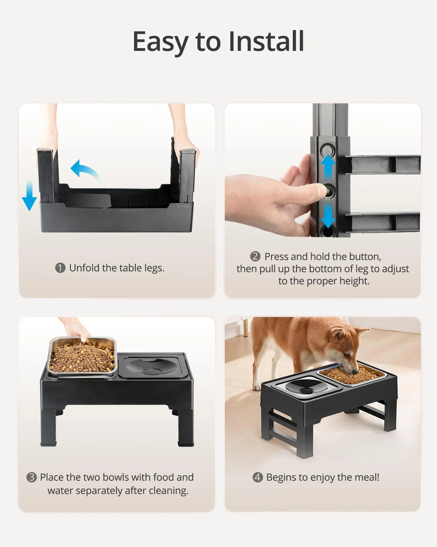 Instructions for installing a pet feeding station with a dog eating from it.