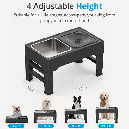 Dog bowl stand with adjustable height for different dog sizes, shown with measurements and images of dogs.