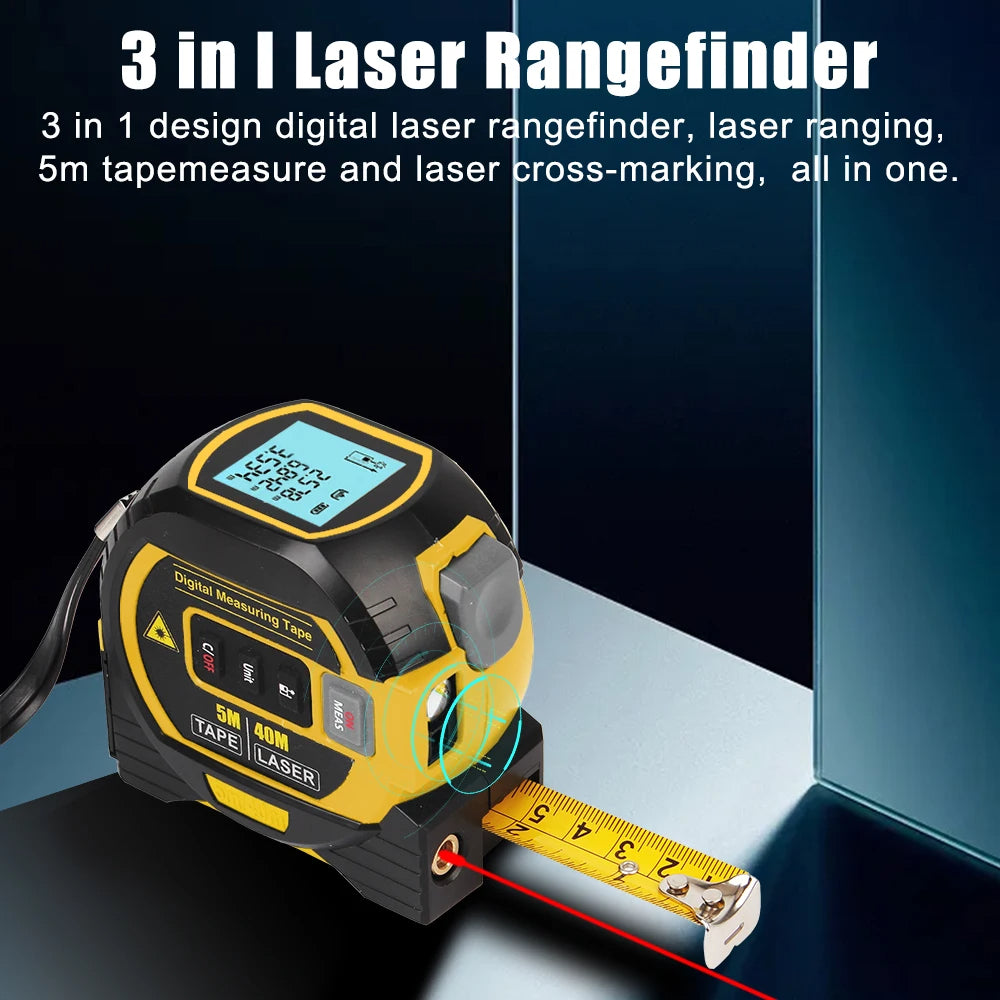 3-in-1 laser rangefinder with digital tape measure and laser cross-marking on a dark background