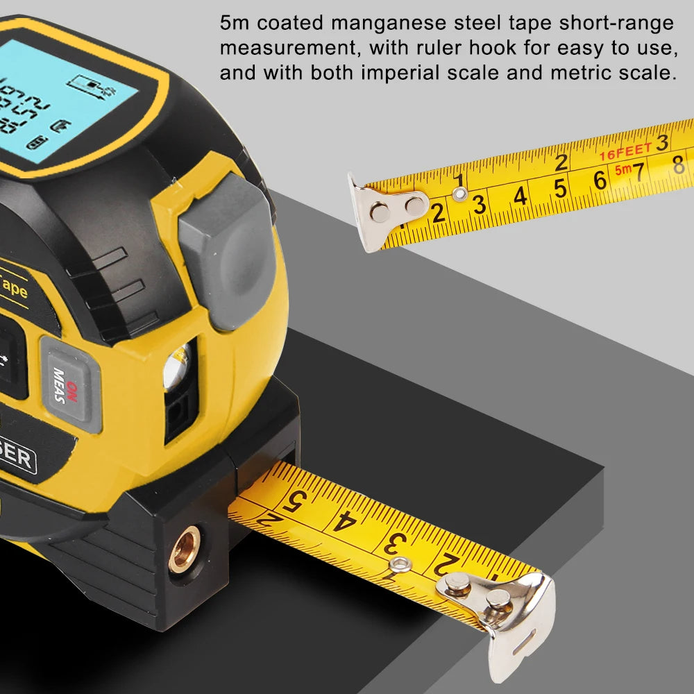 Yellow and black tape measure with digital display on a gray background