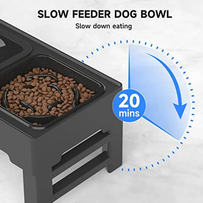 Slow feeder dog bowl with food and time indication on a white background