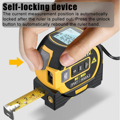 Digital tape measure with self-locking device feature, showing measurement process.