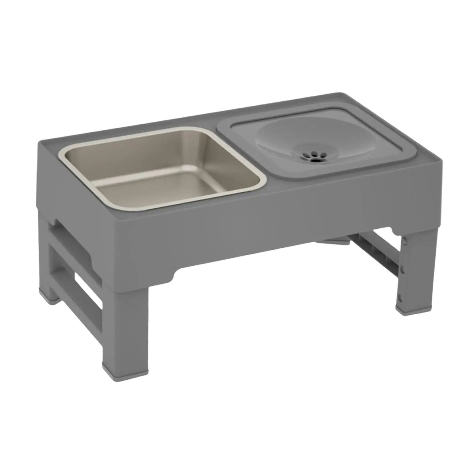 Gray pet feeding station with two bowls on a white background
