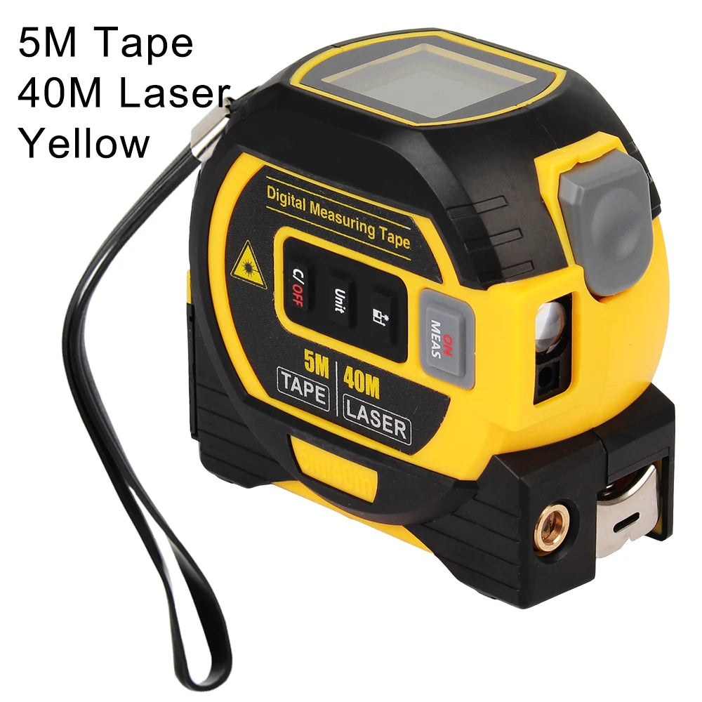 Digital measuring tape with laser feature on a white background