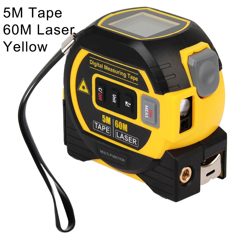 Digital measuring tape with laser function on a white background
