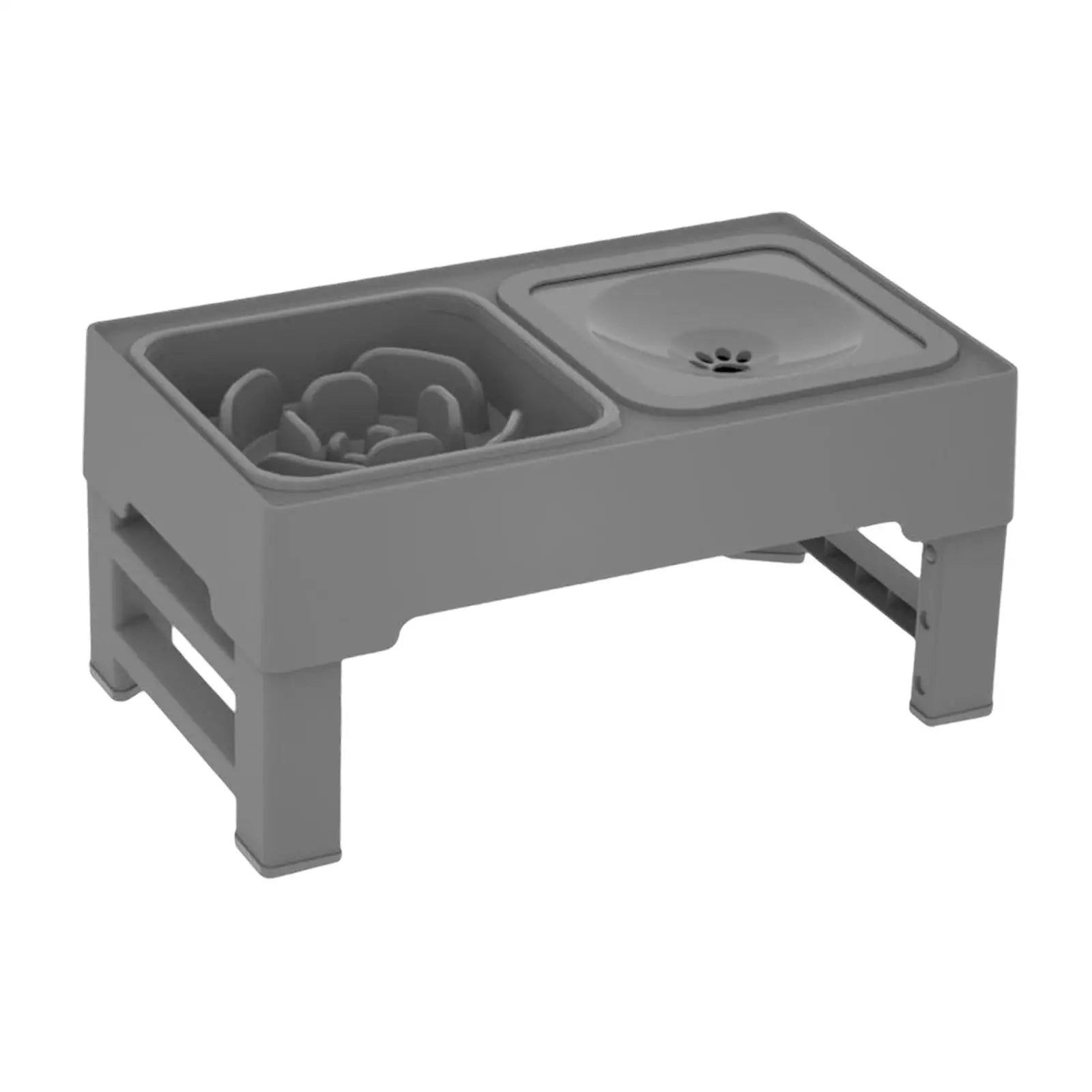 Gray elevated dog feeder with two bowls on a white background