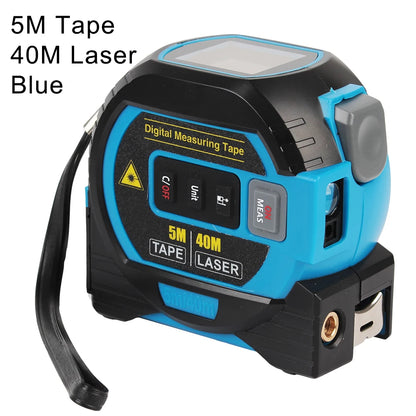 Digital measuring tape in blue with laser feature on a white background