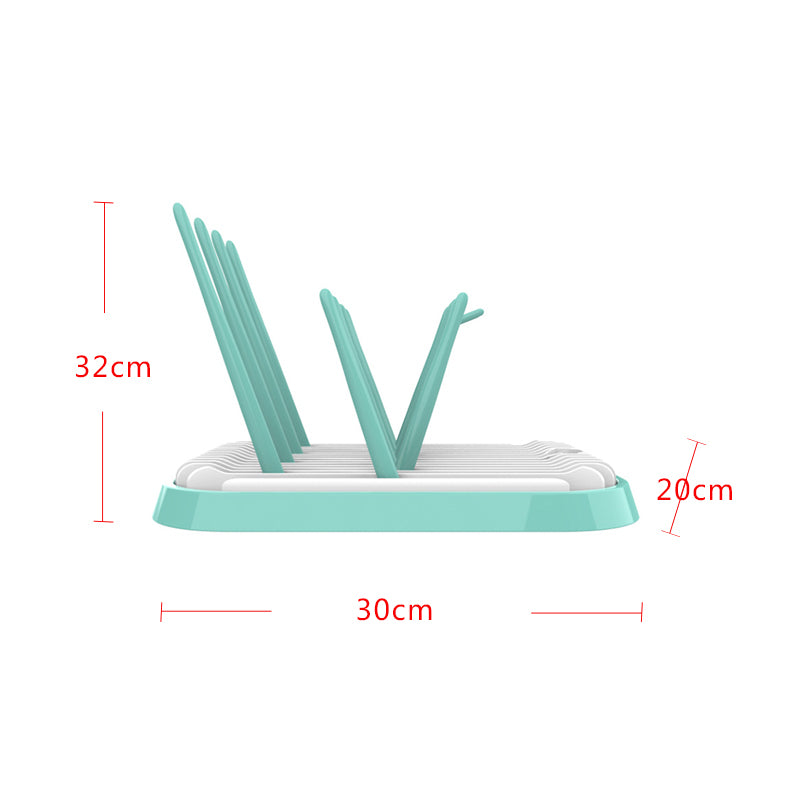 Teal and white dish drying rack with measurements on a white background