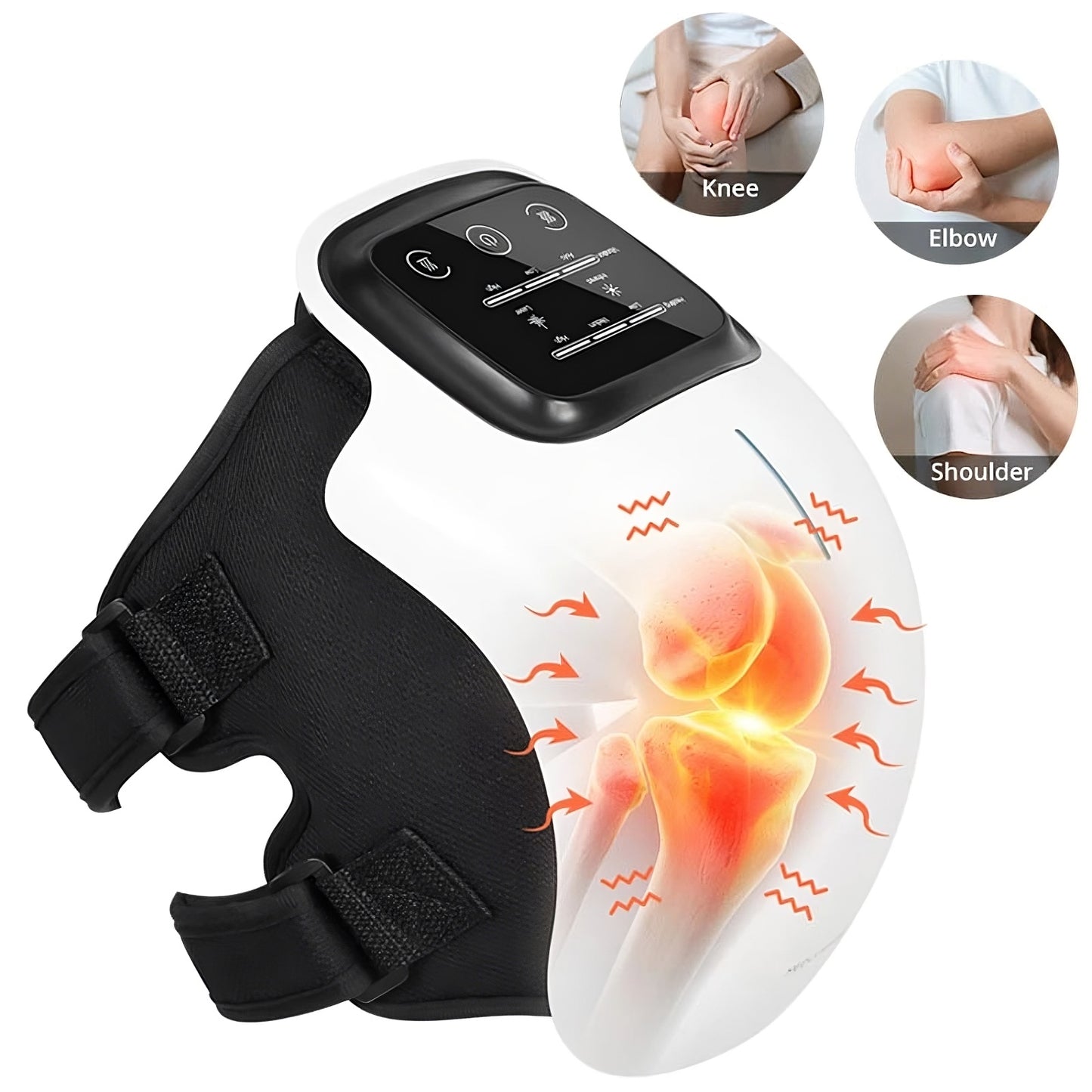 Black and white electronic device with a digital display and pain relief illustration on a white background.