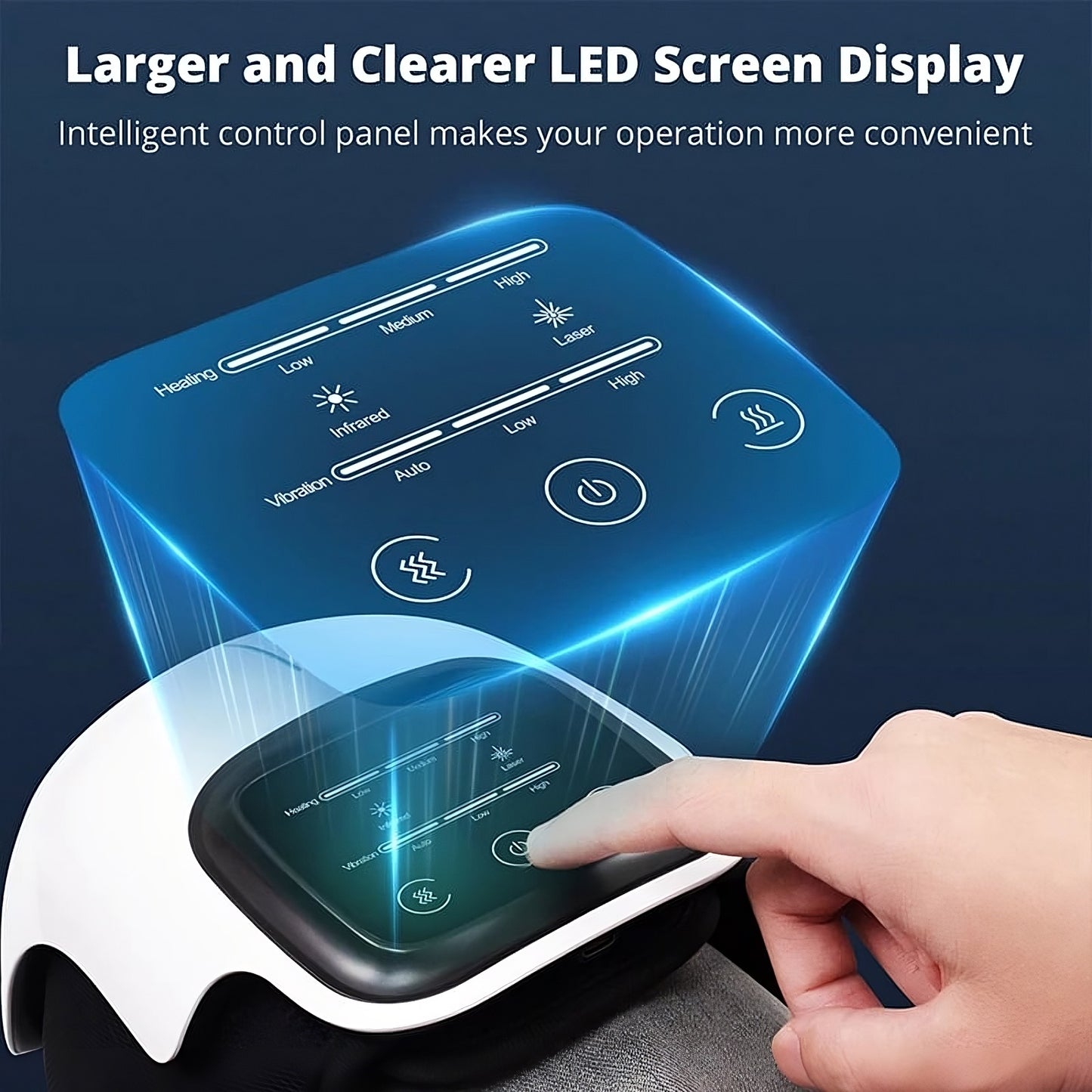Electronic device with a large LED screen display and control panel, featuring a hand interacting with it.