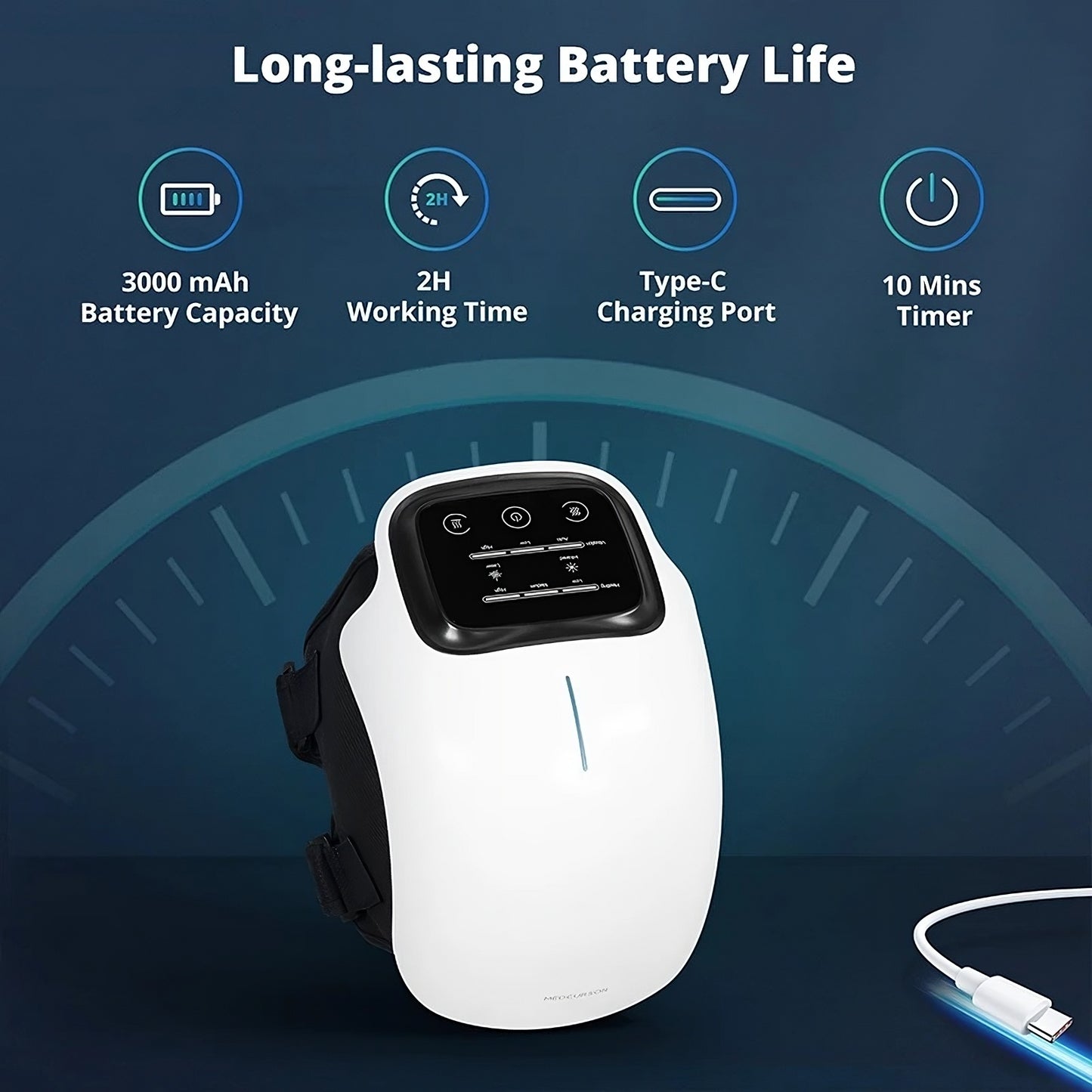 White electronic device with charging cable on a dark blue background, highlighting battery life features.