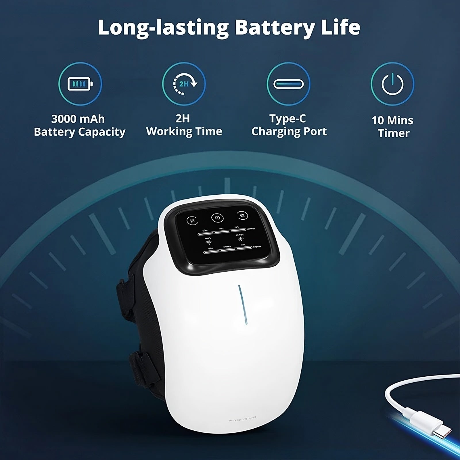 White electronic device with charging cable on a dark blue background, highlighting battery life features.