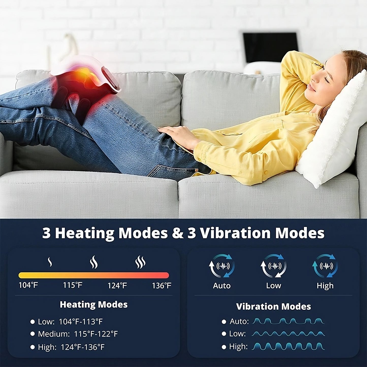 Person relaxing on a couch with heating and vibration mode controls displayed.