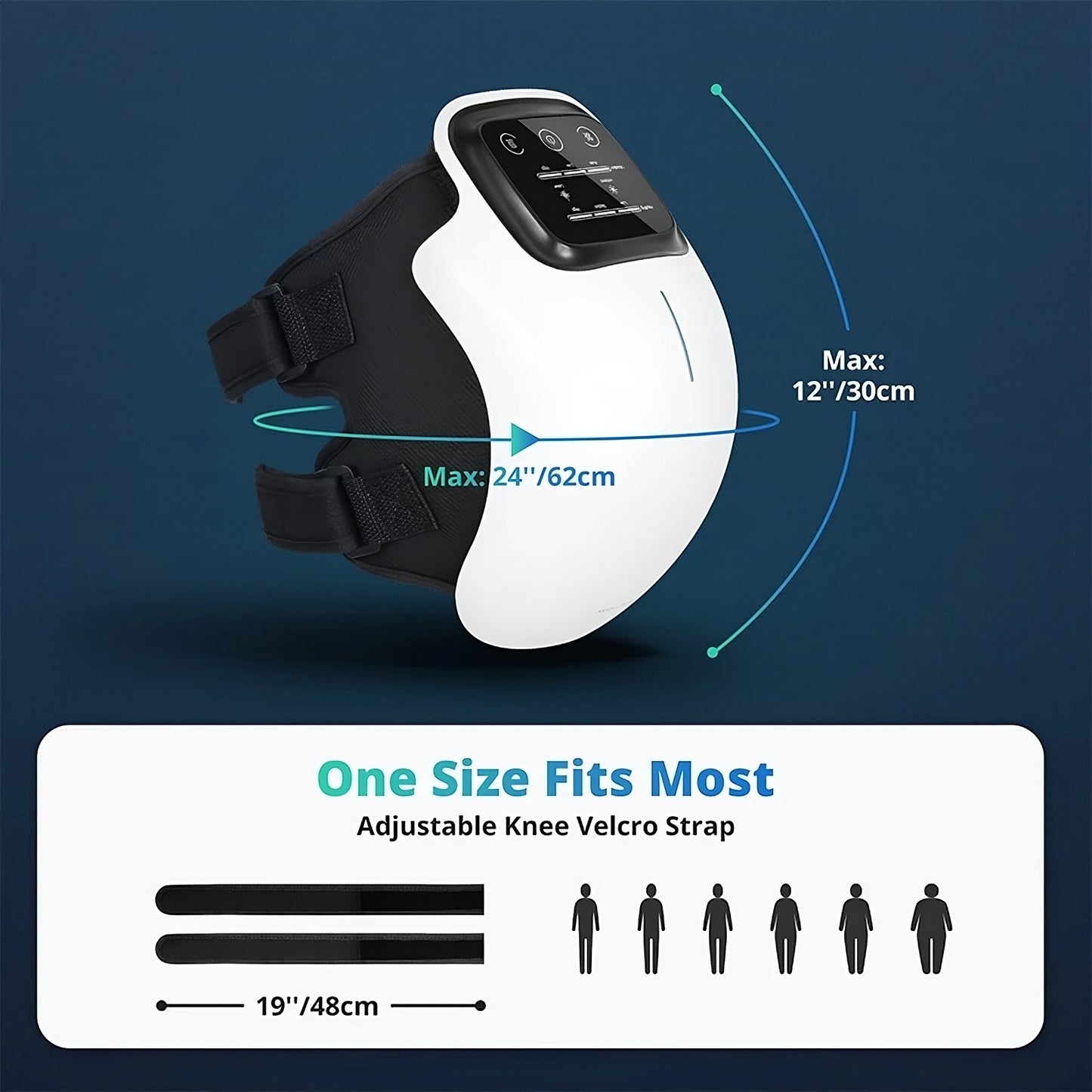 Adjustable knee velcro strap with measurement details on a dark blue background