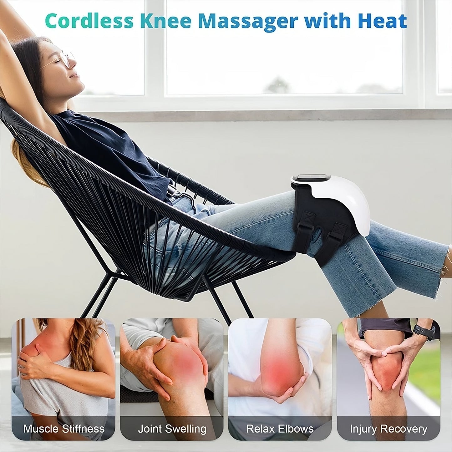 Person using a cordless knee massager with heat in a chair, with insets showing its benefits.