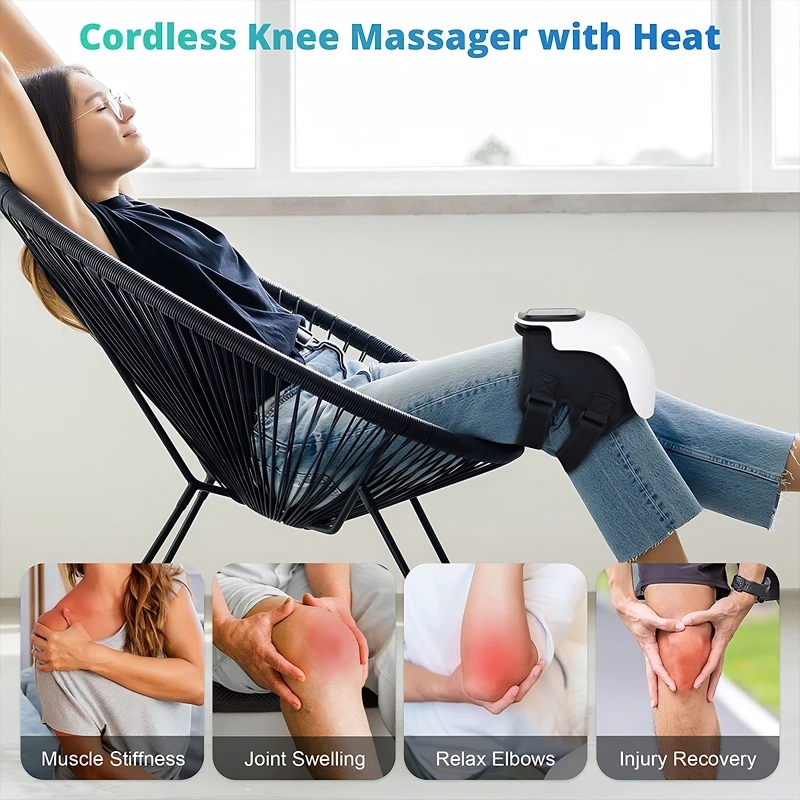 Person using a cordless knee massager with heat in a chair, with insets showing its benefits.