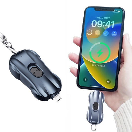 Car shaped phone charger with keychain attachment and smartphone showing charging status on a white background