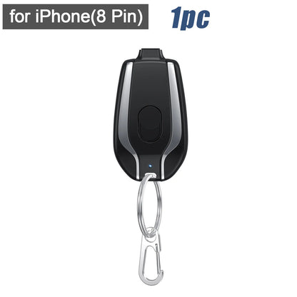Black keychain device with carabiner for iPhone (8 Pin) on a white background