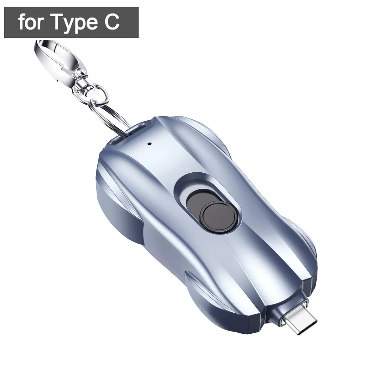 Metallic car charger with keychain attachment on a white background