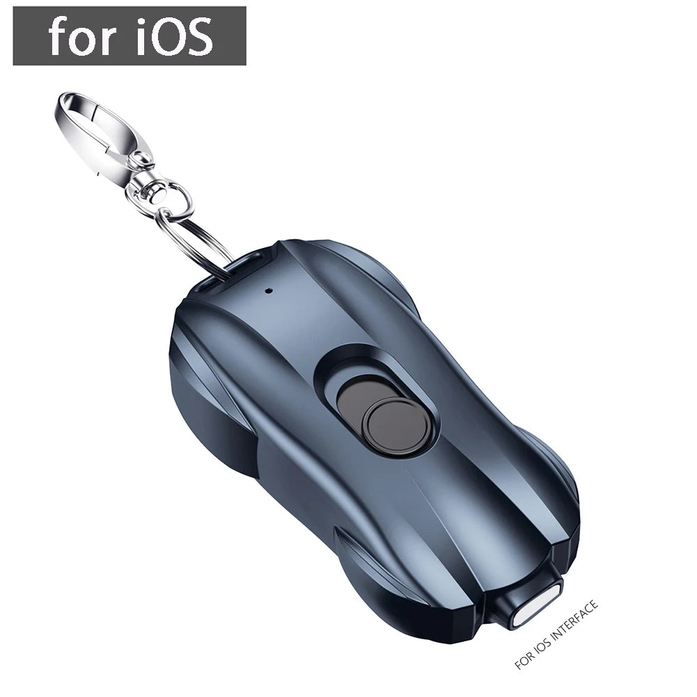 Keychain powerbank device with a metallic finish on a white background, labeled 'for iOS'.