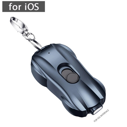 Keychain powerbank device with a metallic finish on a white background, labeled 'for iOS'.