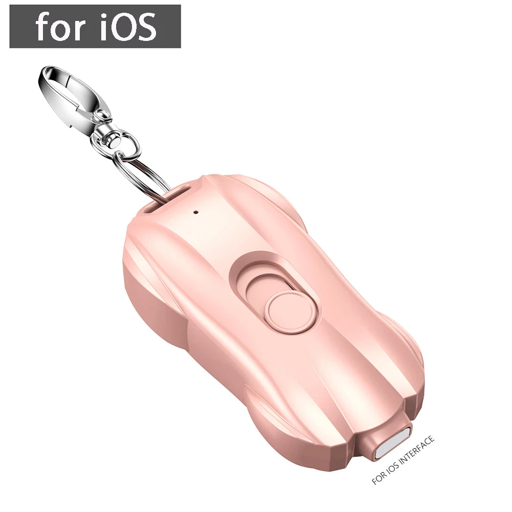 Rose gold car keychain device with a silver clip on a white background, labeled 'for iOS'.