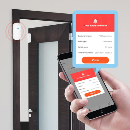 Smart door sensor with smartphone app displaying 'Door open reminder' notification.