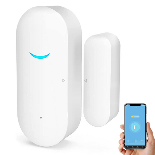 Smart home security device with a smartphone app on a white background