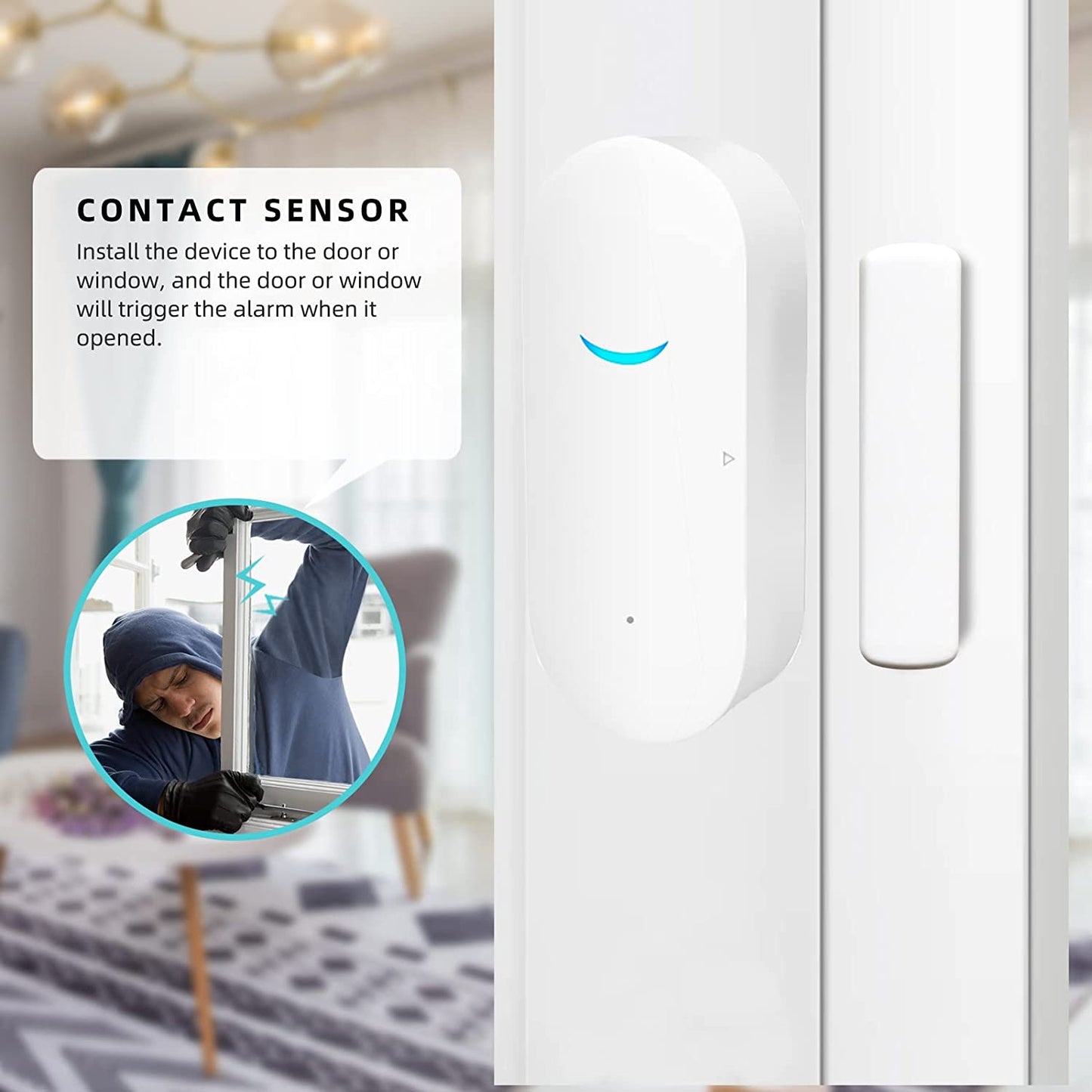 Contact sensor device on a window with installation instructions and a person using a laptop in the background.