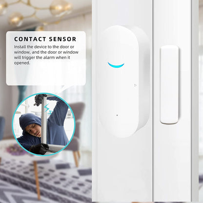 Contact sensor device on a window with installation instructions and a person using a laptop in the background.