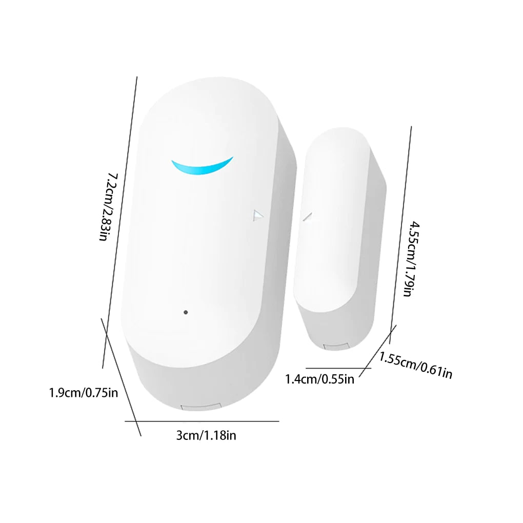 White electronic device with blue light indicator and dimensions labeled on a white background