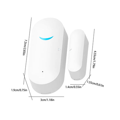 White electronic device with blue light indicator and dimensions labeled on a white background