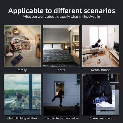 Collage of scenarios including family, hotel, rental house, child climbing window, thief turning window, and drawer anti-theft.